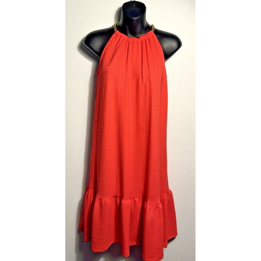Michael Kors Petite Dress Solid Chain Halter Coral Size P